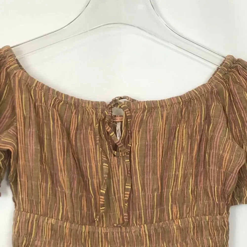 Free People Vivi Smocked Top Puff Sleeves Brown Pink Striped Size XS NWOT